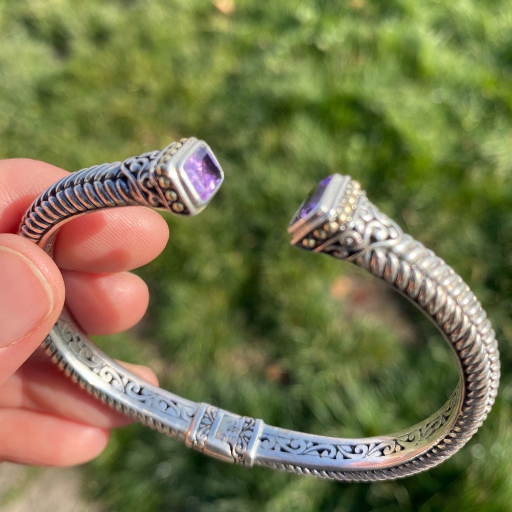 Samuel Benham Sterling Silver & 18K Gold with Amethyst Hinged Cuff Bracelet - Picture 1 of 16